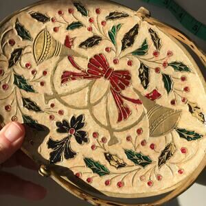 Solid Brass Enameled Oval Christmas Basket With Movable Handle 8" Made in India